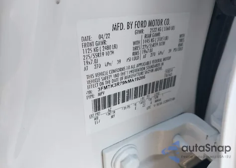 2022 Ford Mustang Mach-E Premium z USA, uszkodzony, nr VIN 3FMTK3R79NMA19266